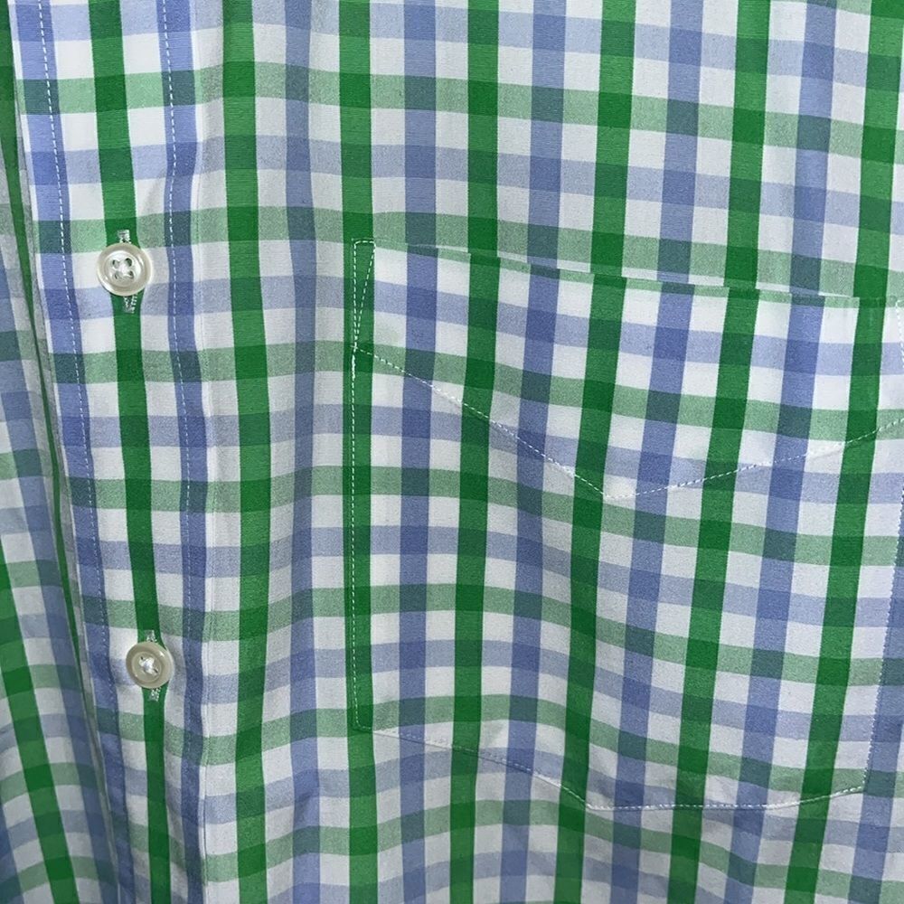 T. M Lewin Vivid green blue plaid gingham New England model LS dress shirt L - Picture 2 of 5